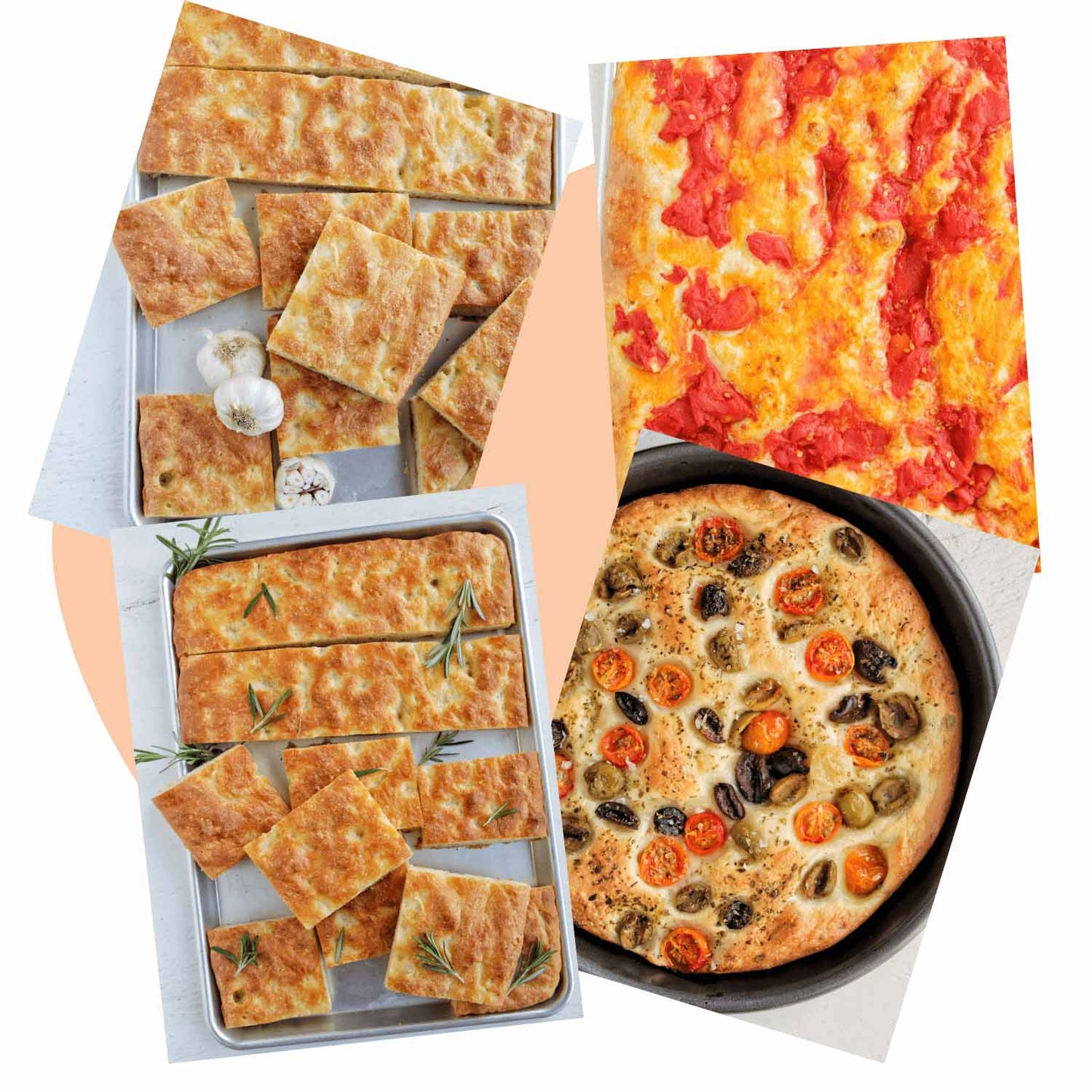 Various pictures of types of focaccia bread.