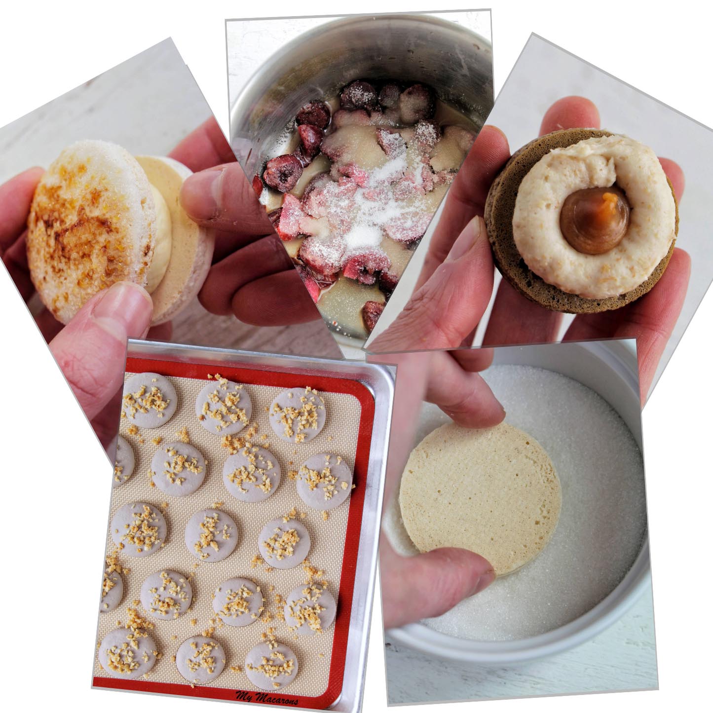 Five images of various stages of making macarons.