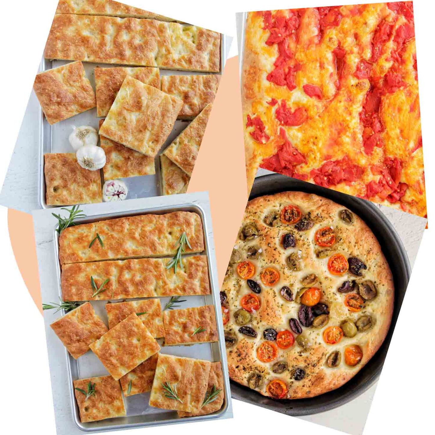 Various pictures of types of focaccia bread.