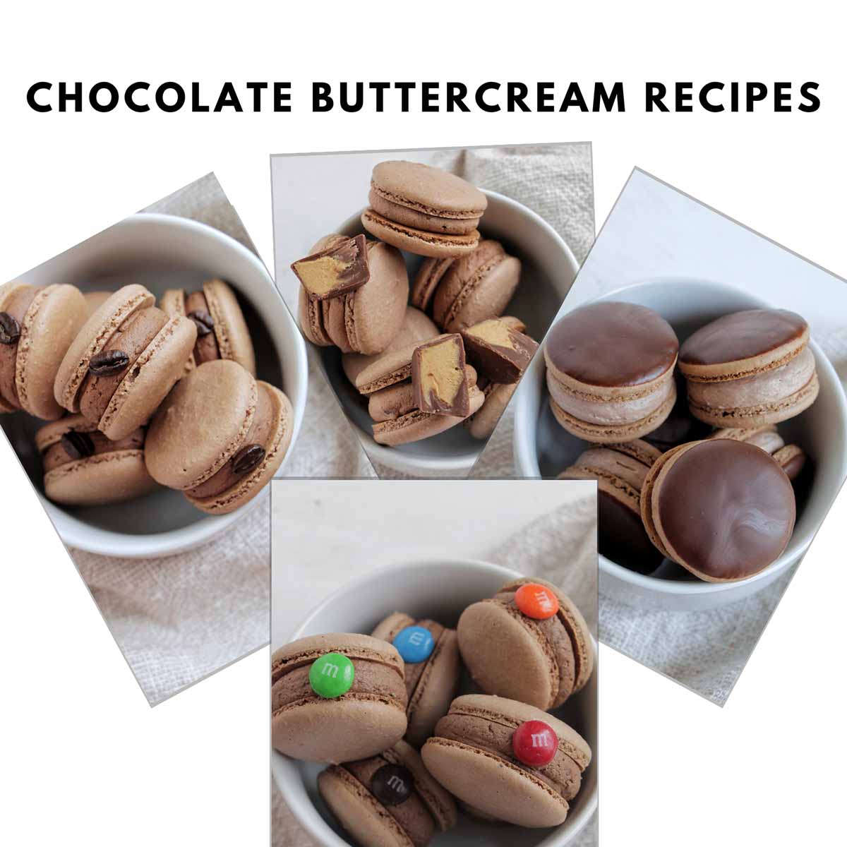 Various chocolate buttercream filled macarons.