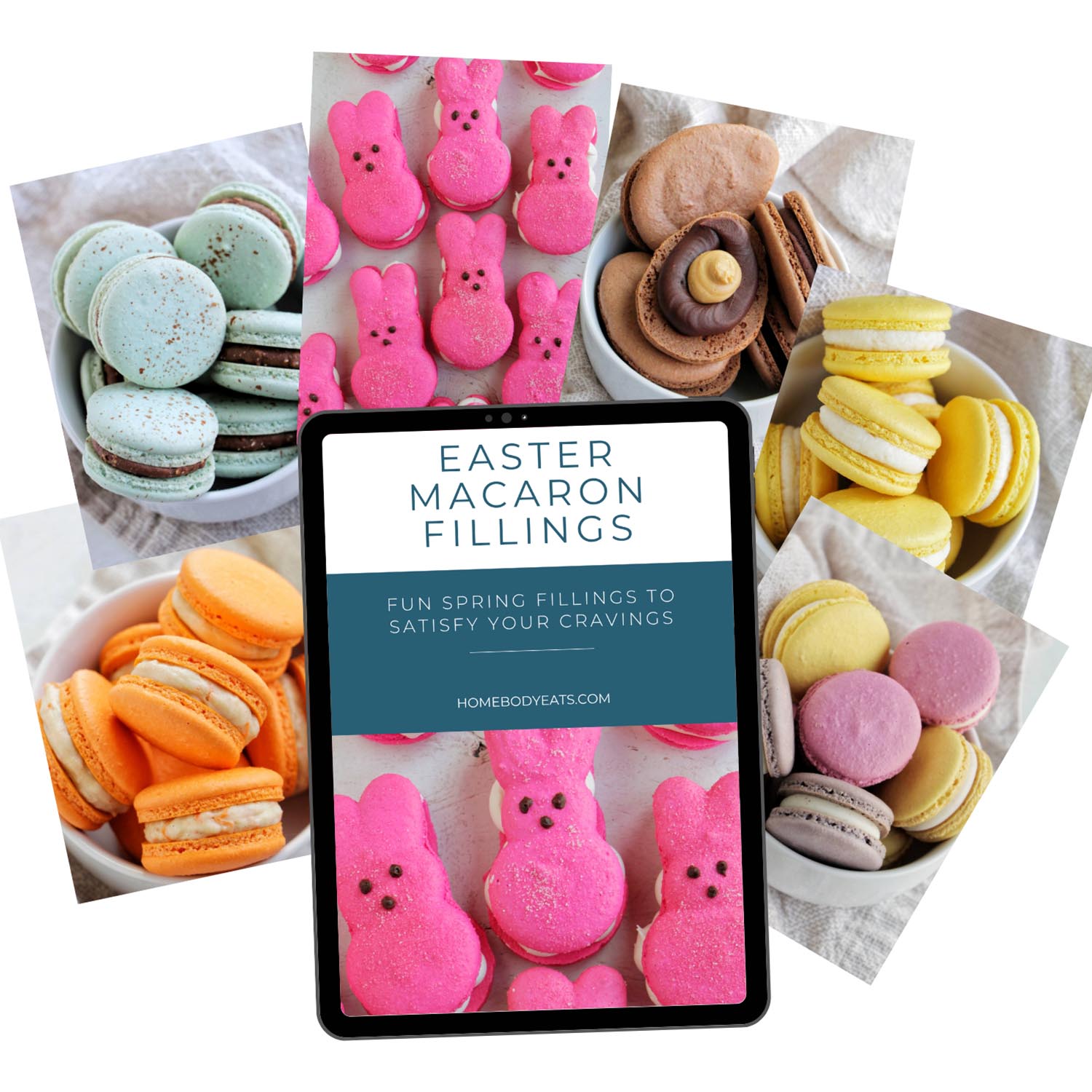 The Easter Macaron Fillings ebook cover and various brightly colored macarons.
