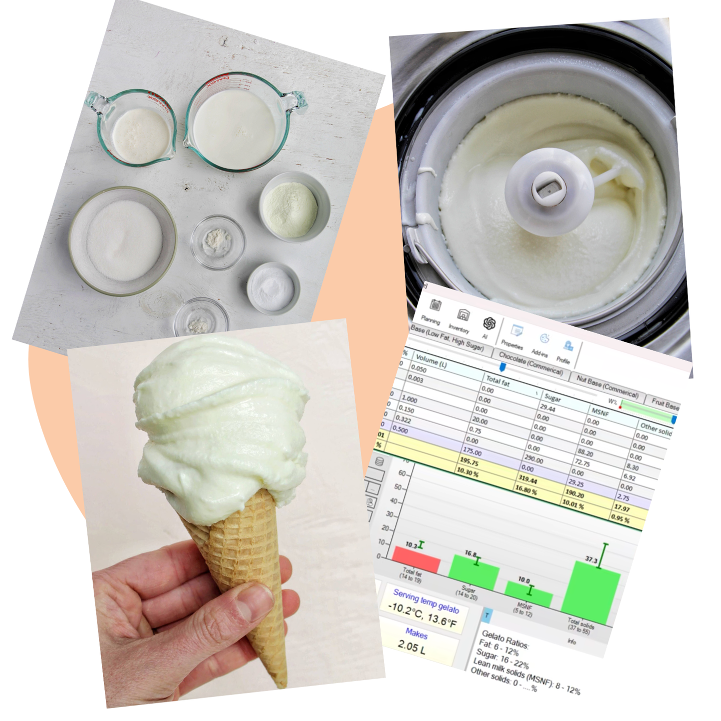 various images of gelato, ingredients, and gelato calculator.