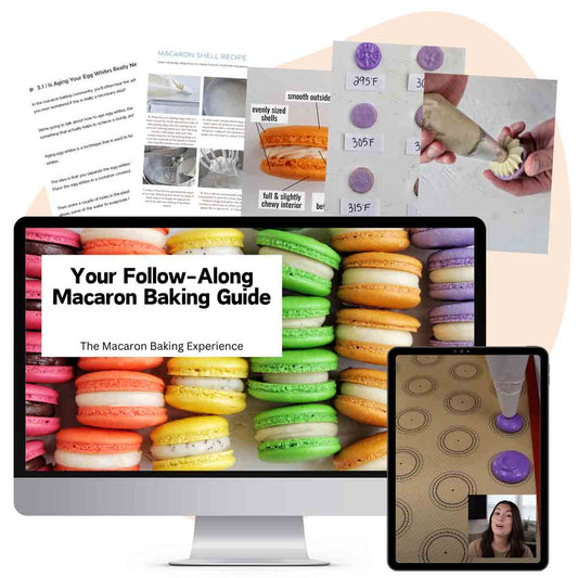 The Macaron Baking Experience course with photos of various macaron baking steps.