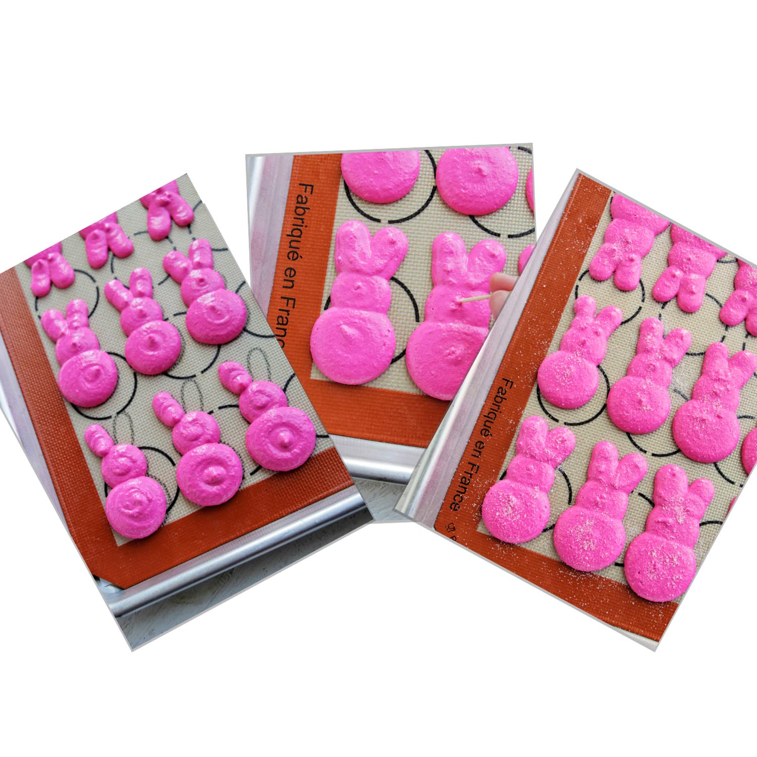 Pink piped rabbit shaped peep style macaron shells.