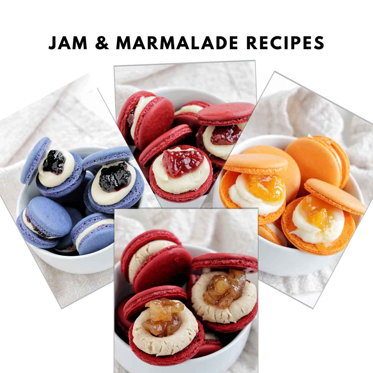 Various jam and marmalade filled macarons.
