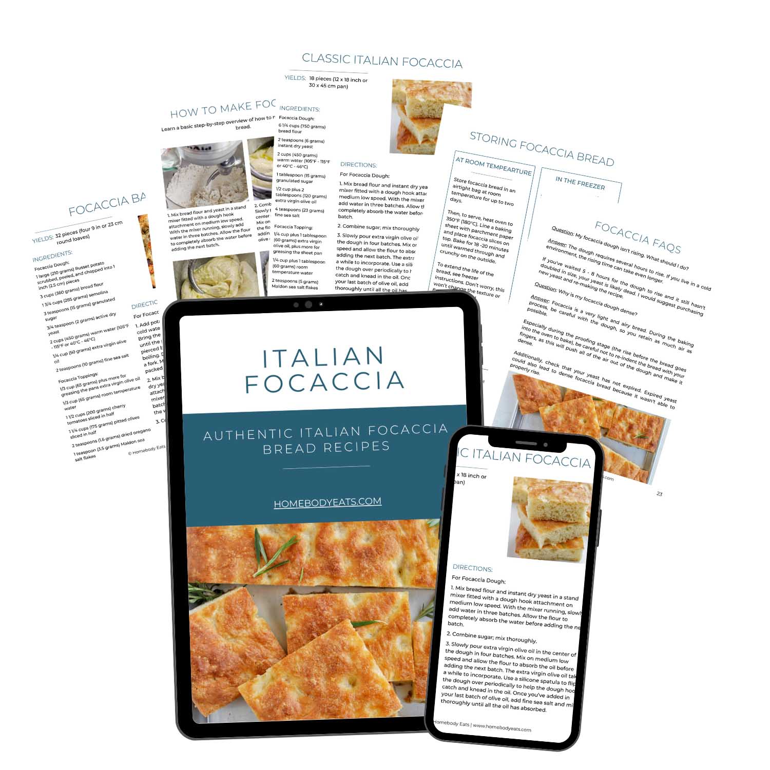 The Italian Focaccia Bread ebook cover with pages from the ebook.