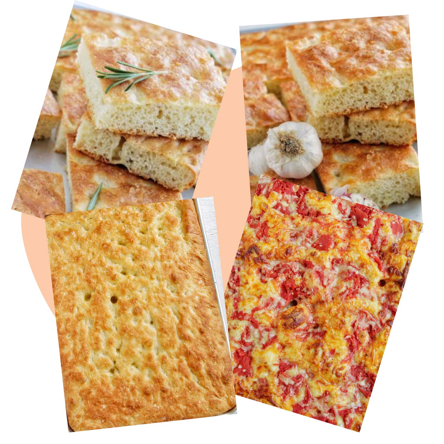 Various pictures of types of focaccia bread.
