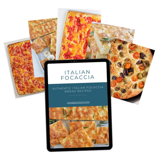 The Italian Focaccia Bread ebook cover with various types of focaccia bread.