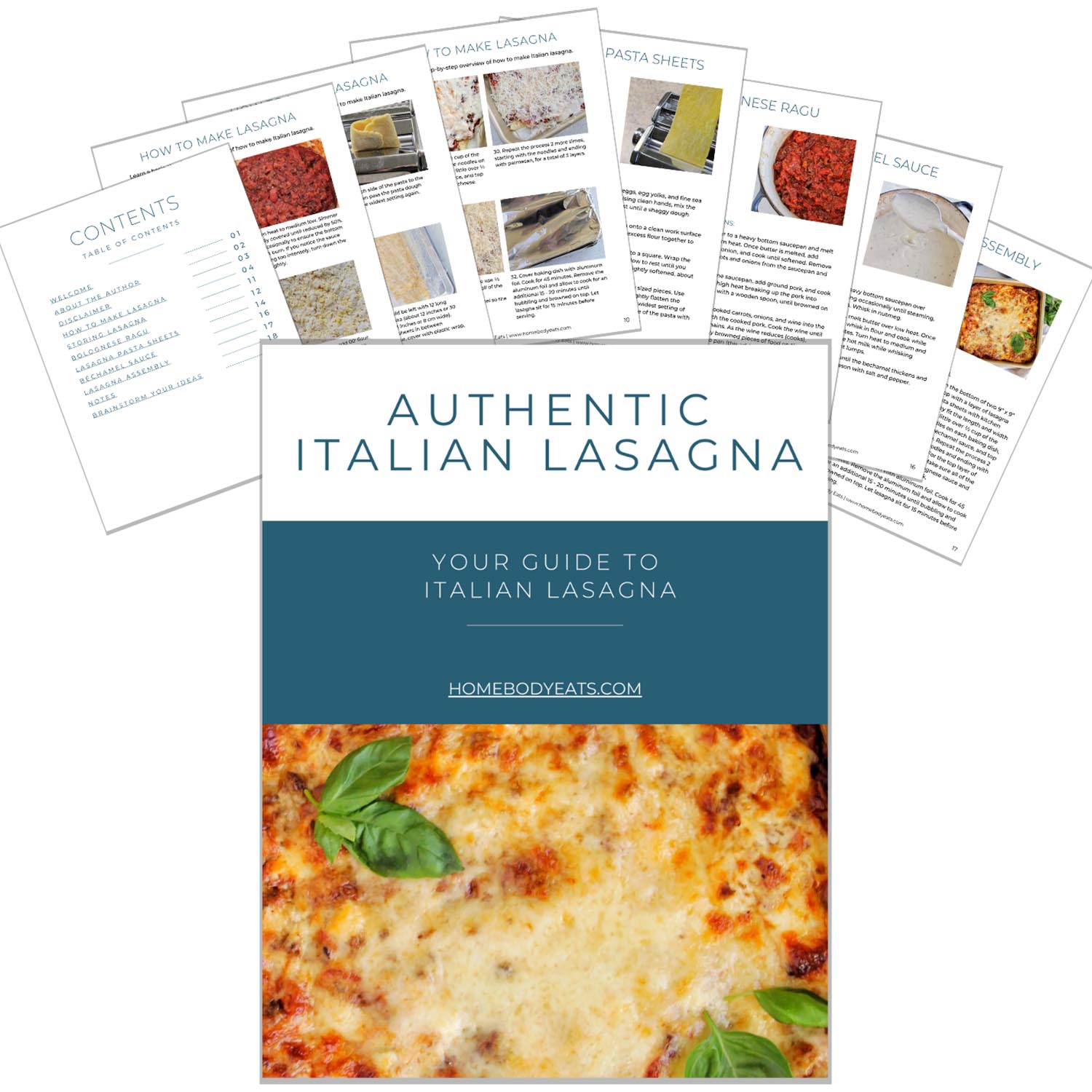 Pages of an ebook promoting the Authentic Italian Lasagna course.
