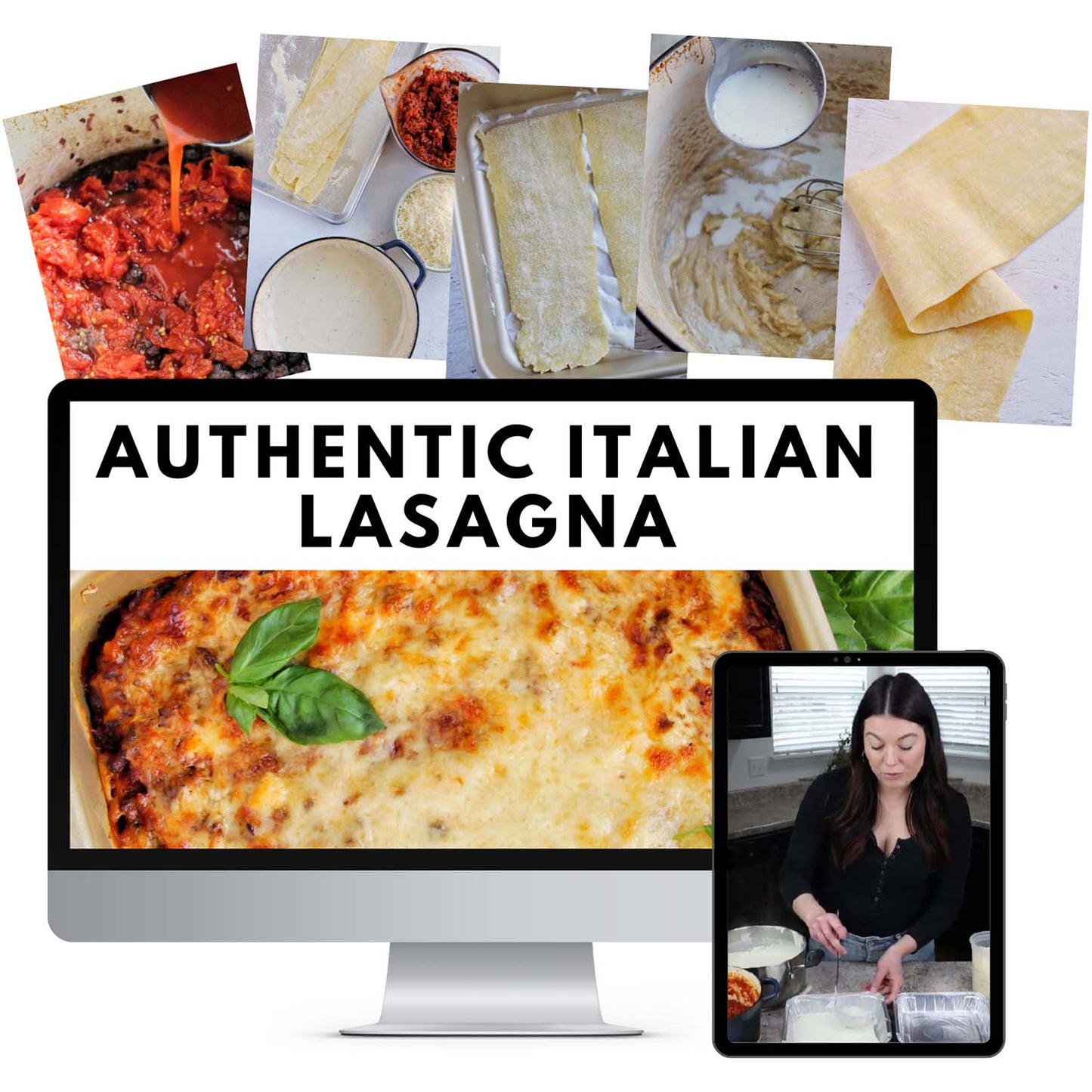 Pictures of lasagna ingredients promoting the Authentic Italian Lasagna course.