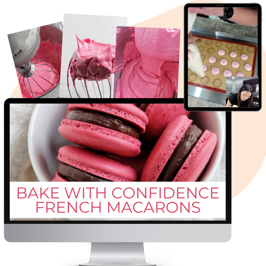 Computer screen displaying pink macarons with text 'Bake with Confidence French Macarons' alongside baking images.