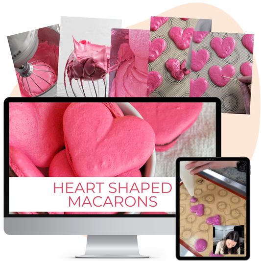Collage of images showing the process of making heart-shaped pink macarons.