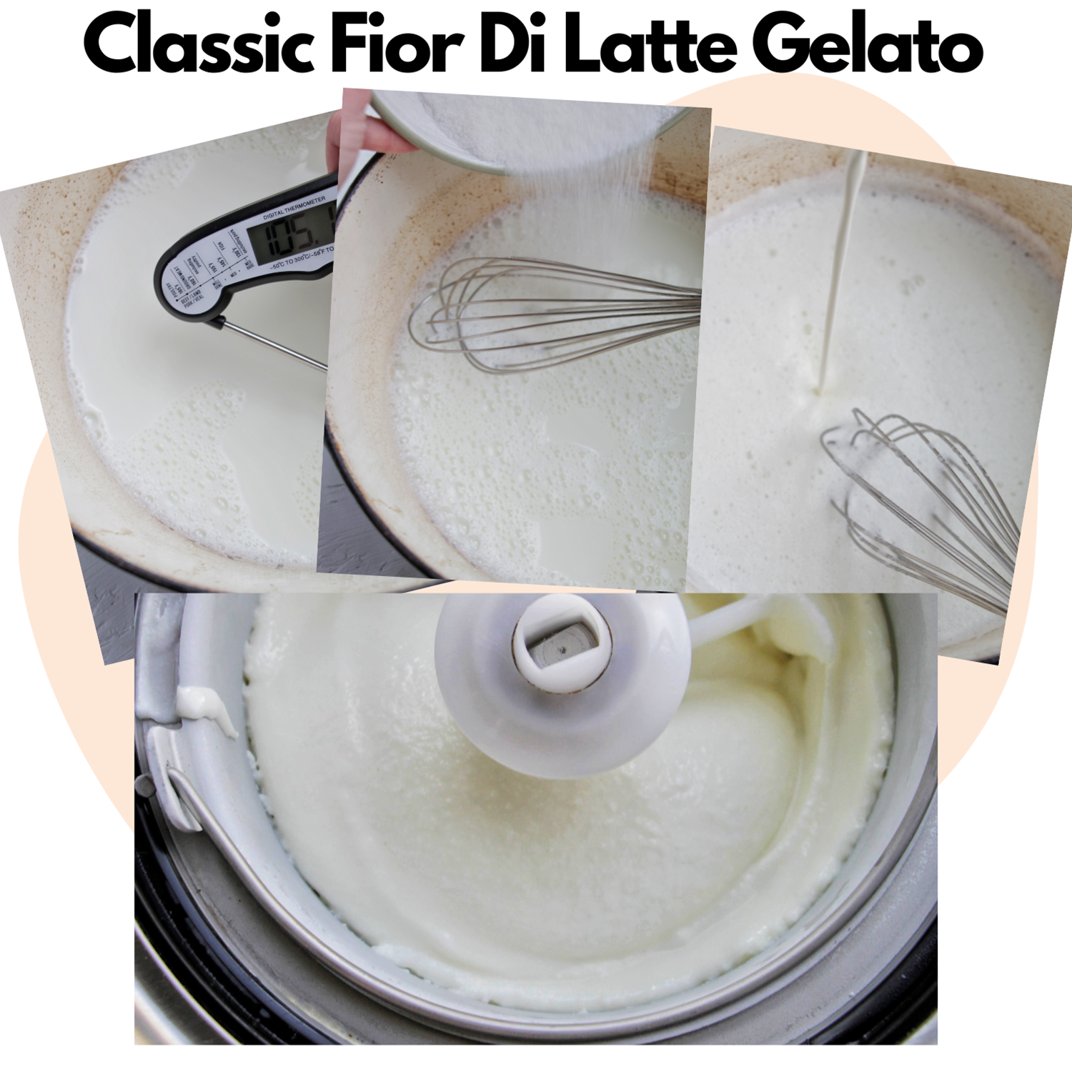 four images showing fior di latte gelato.
