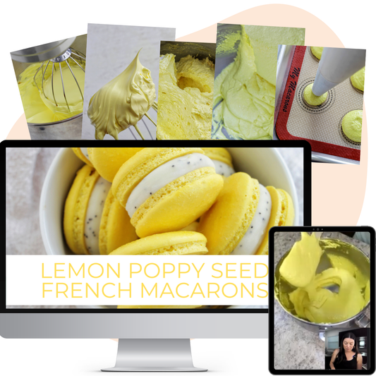 Collage of images related to making lemon poppy seed French macarons, including a computer screen, tablet, and various steps in the process.