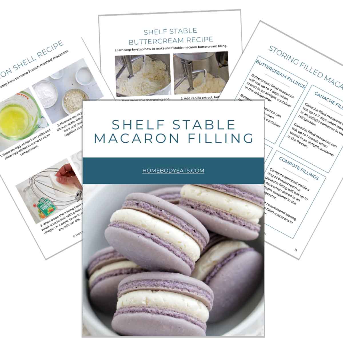 The Shelf Stable Macaron ebook cover with various types macarons.