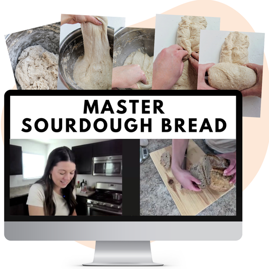 Collage of sourdough bread-making process with text 'Master Sourdough Bread' on a computer screen.